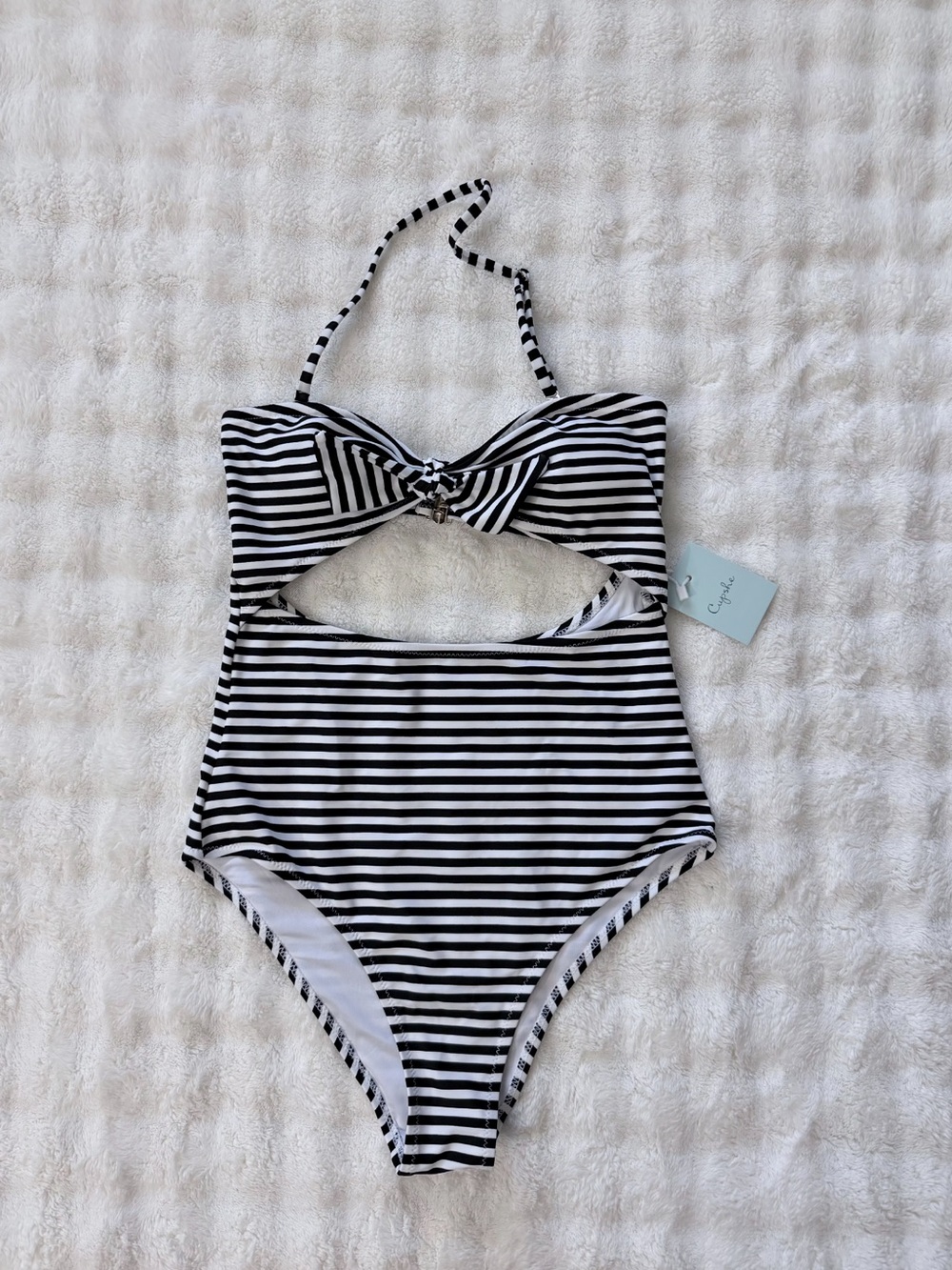 NWT Cupshe Halter/Strapless Black & White Stripe One-Piece Swimsuit Sz Small - Picture 2 of 13